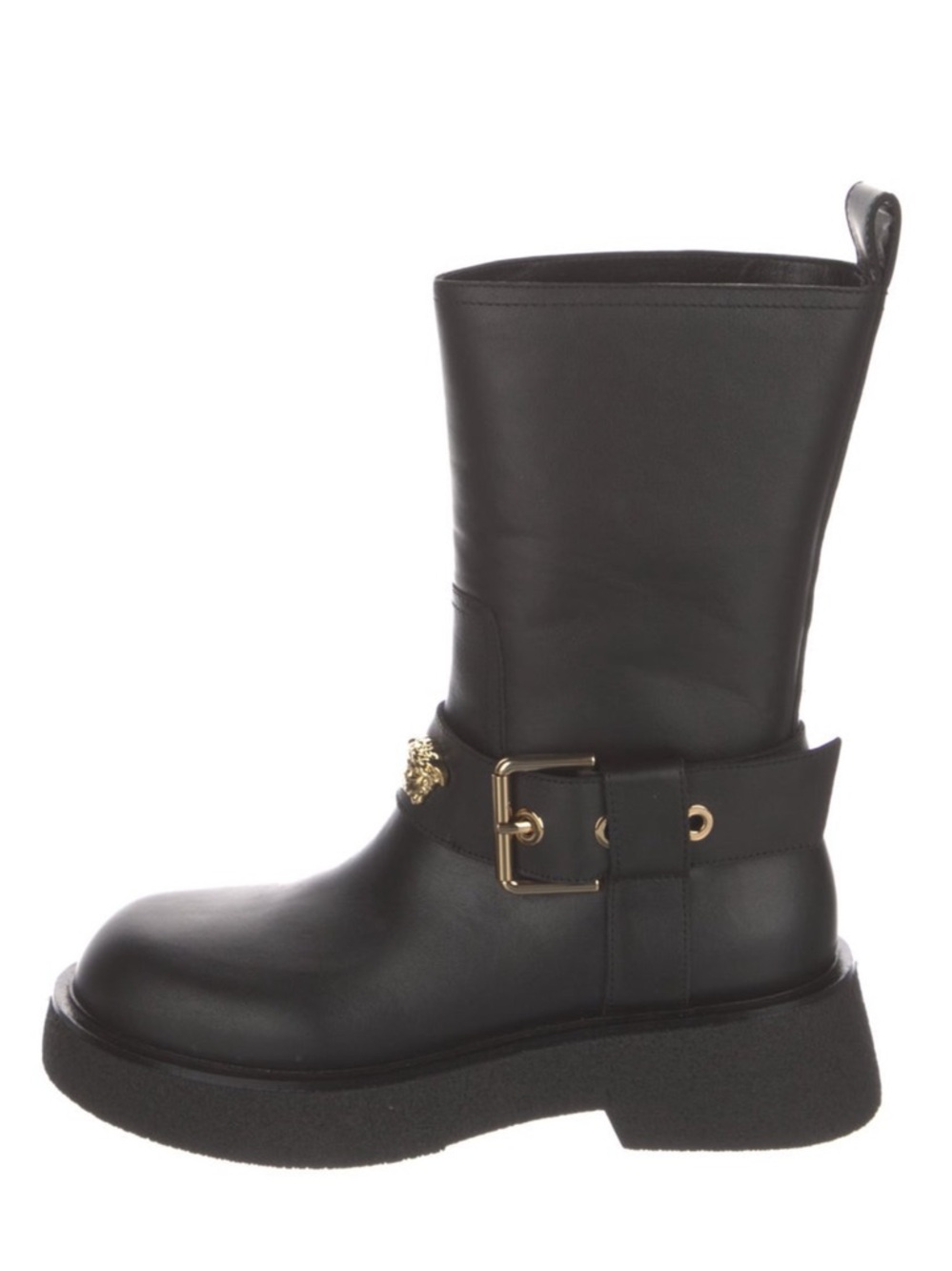 Versace Black Leather Moto Boots with Gold Hardware